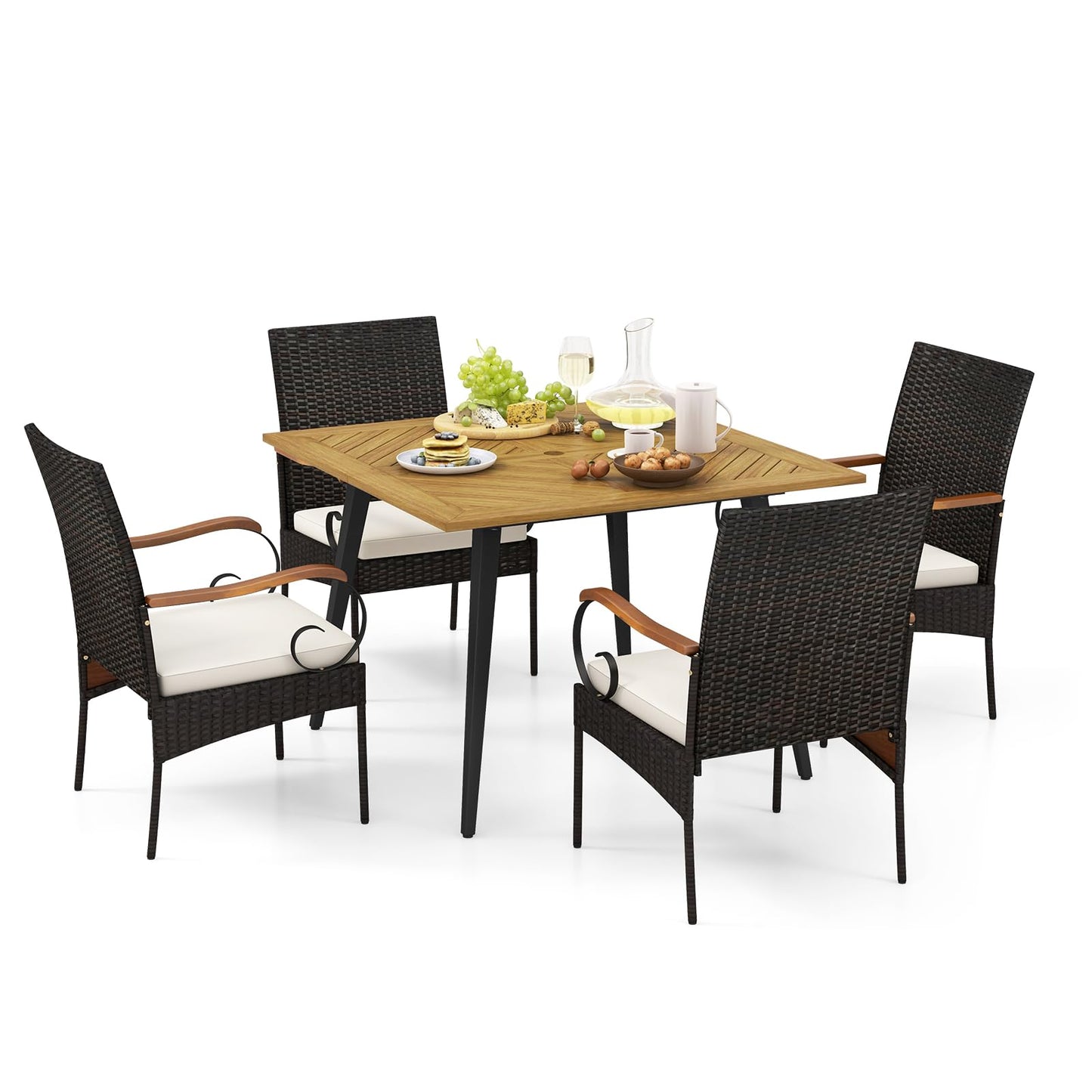 Tangkula Ensemble de salle à manger d'extérieur 5 pièces en rotin synthétique, table à manger carrée en bois d'acacia de 108 cm et chaises avec coussins