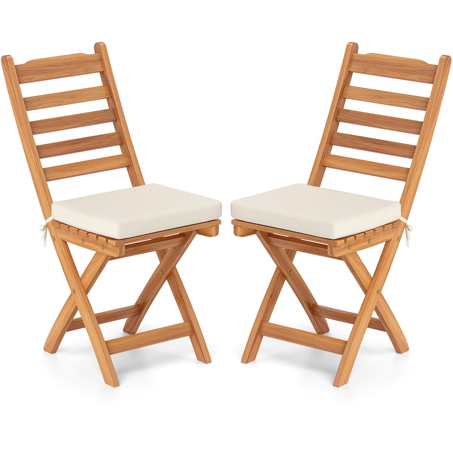 Tangkula Patio Folding Chairs Set, Acacia Wood Slatted Dining Chairs w/Soft Seat Cushion