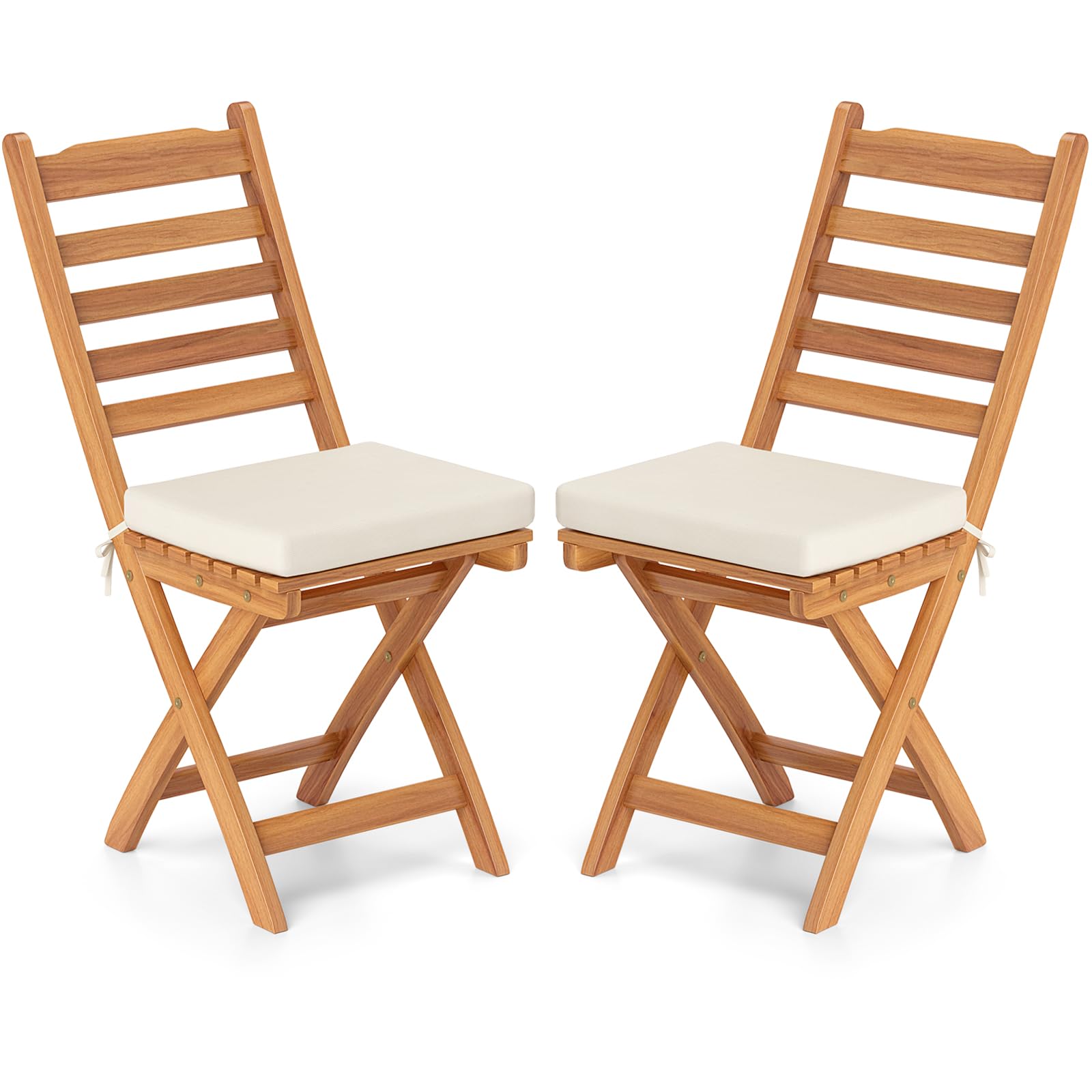 Tangkula Patio Folding Chairs Set, Acacia Wood Slatted Dining Chairs w/Soft Seat Cushion