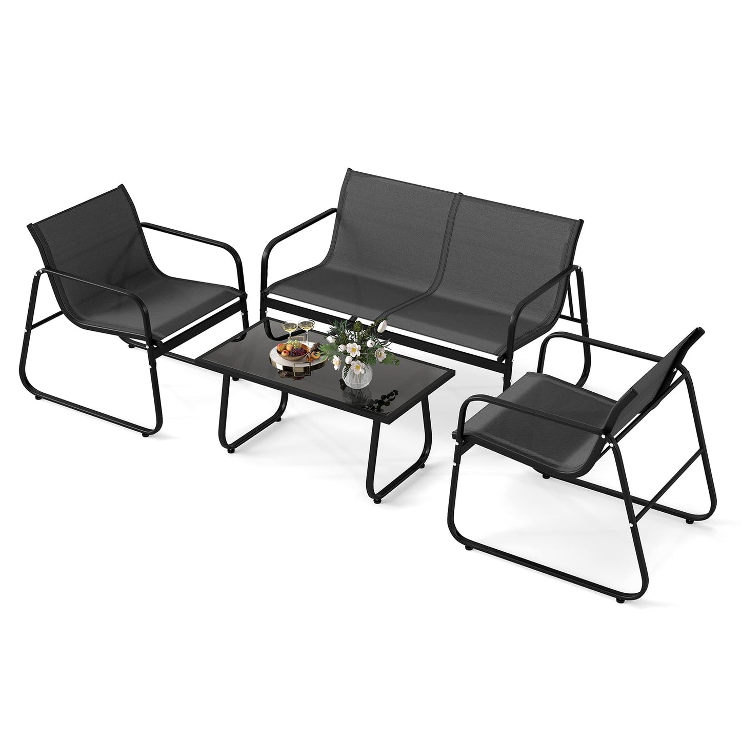 Tangkula 4/8 Piece Patio Furniture Set with Mesh Seat Fabric & Tempered Glass Tabletop