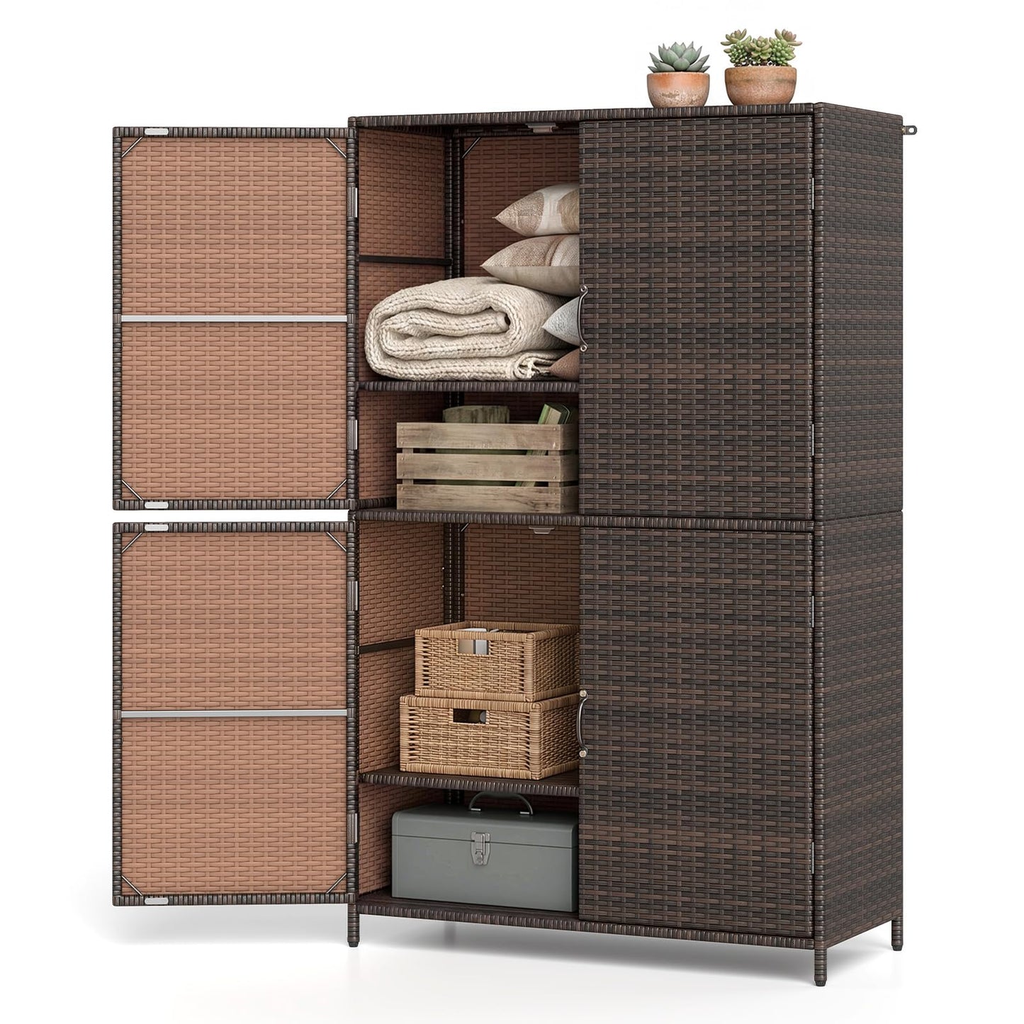 Tangkula Rattan Outdoor Storage Cabinet with 2 Adjustable Shelves
