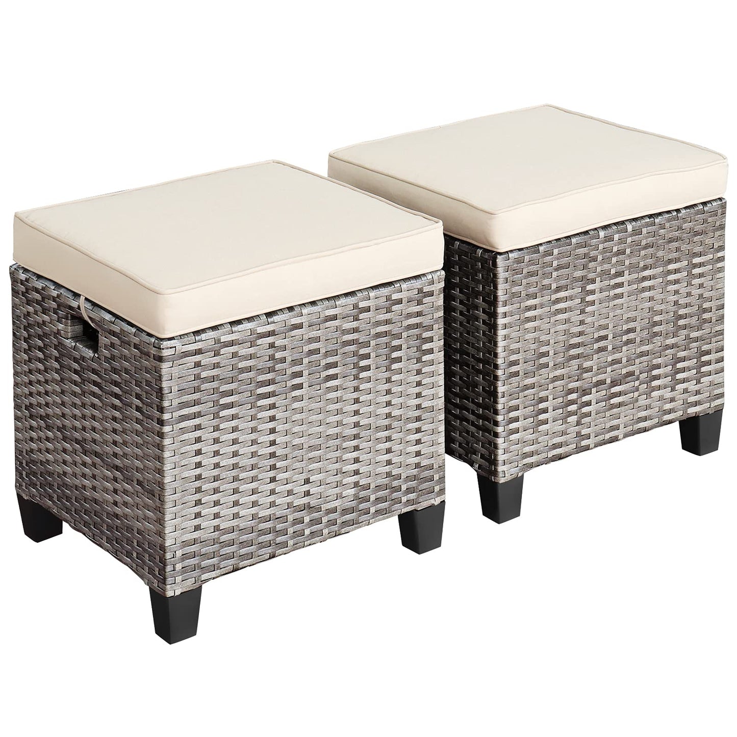 2 Pieces Patio Rattan Ottomans, Outdoor Wicker Footstool Footrest Seat with Soft Cushions and Steel Frame