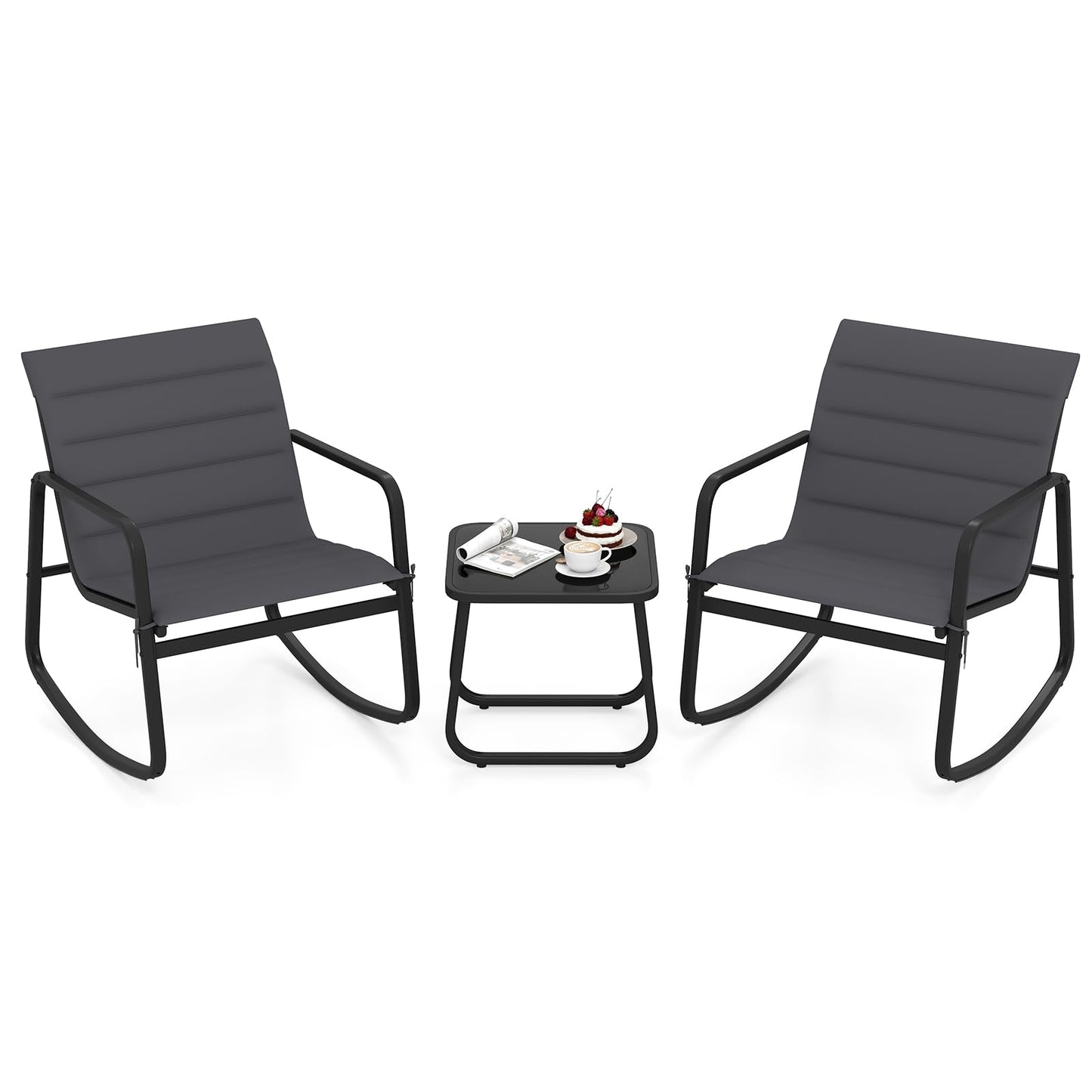 Tangkula 3 Piece Outdoor Rocking Bistro Set | Porch Rocker Chairs with Tempered Glass Table