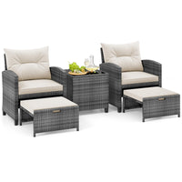 Ensemble de mobilier de patio Tangkula 5 pièces en rotin, chaises rembourrées en osier avec 2 poufs et table basse en verre trempé