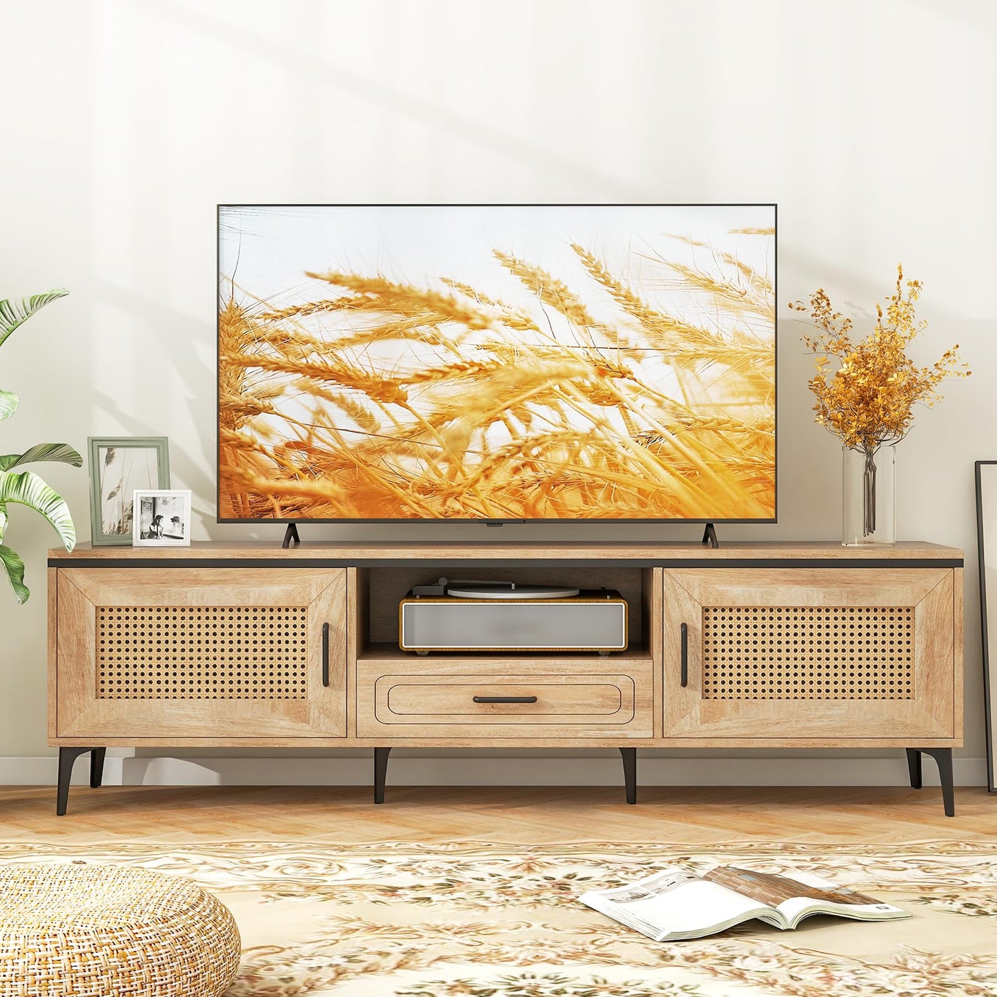 Tangkula Boho TV Stand Mid Century Modern Media Entertainment Center with Drawer