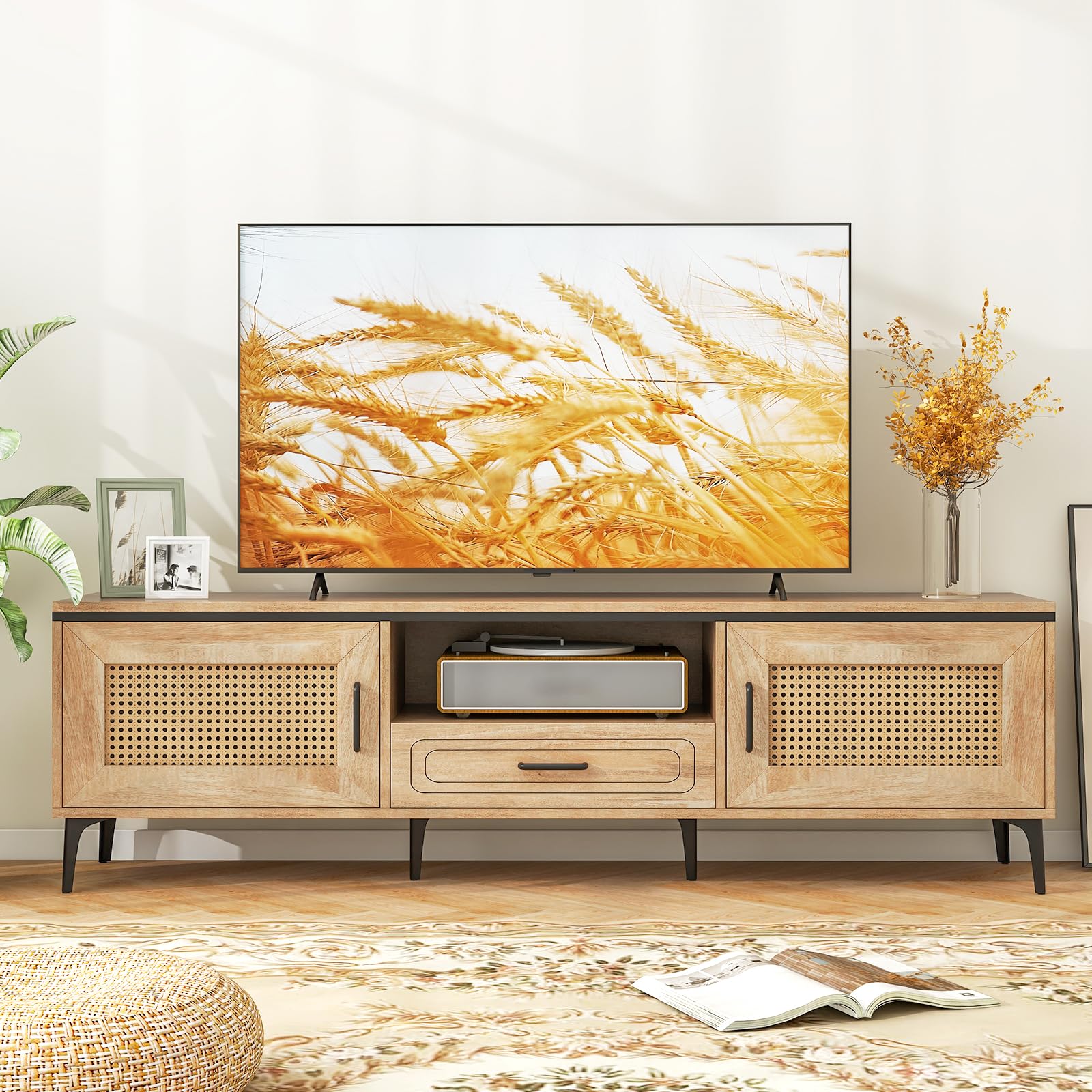 Tangkula Boho TV Stand Mid Century Modern Media Entertainment Center with Drawer