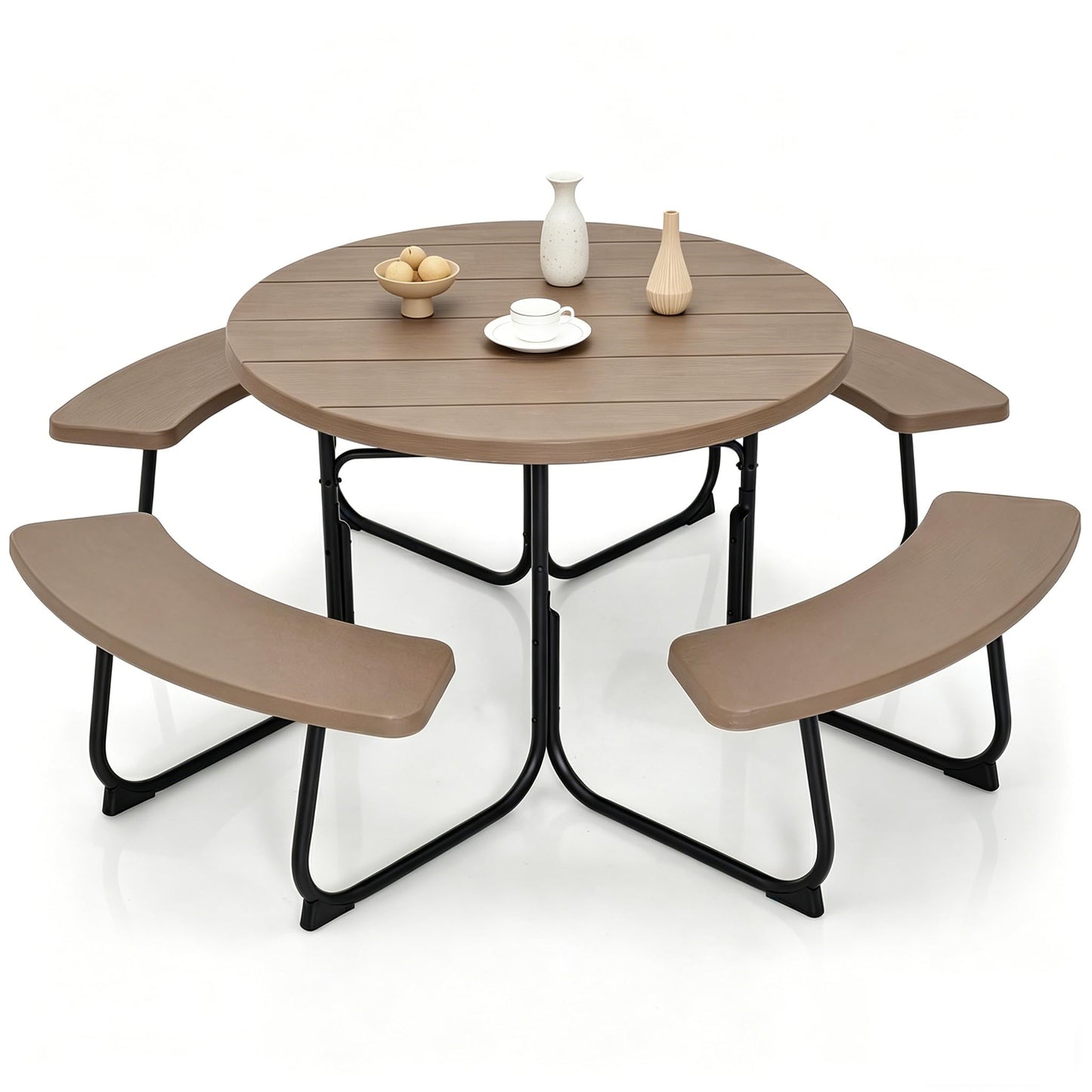 Table de pique-nique Tangkula 8 personnes, table de pique-nique ronde d'extérieur avec 4 bancs intégrés, trou pour parasol