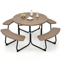 Table de pique-nique Tangkula 8 personnes, table de pique-nique ronde d'extérieur avec 4 bancs intégrés, trou pour parasol