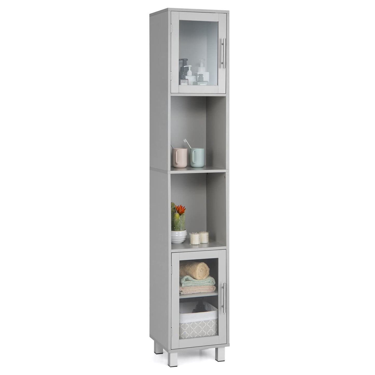 Tangkula Tall Bathroom Cabinet, Home Bedroom Living Room Wood Linen Storage Cabinet Free Standing