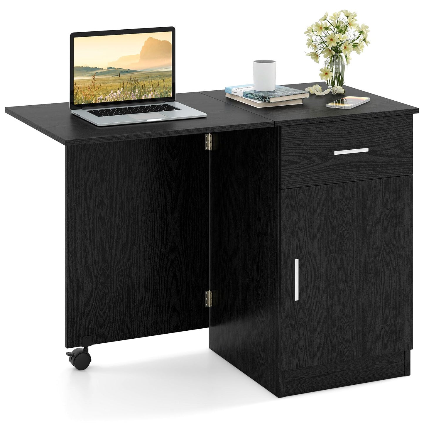 Tangkula Folding Computer Desk with Storage Drawer & Cabinet