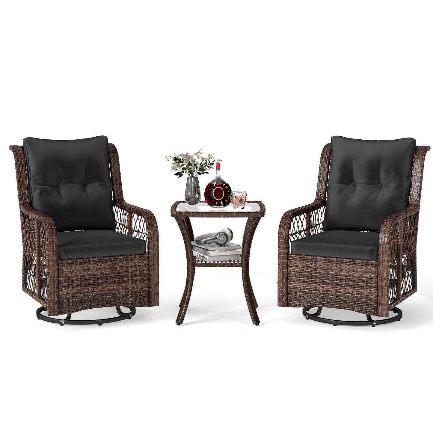 Tangkula 3 Piece Patio Swivel Rocker Set with Tempered Glass Side Table