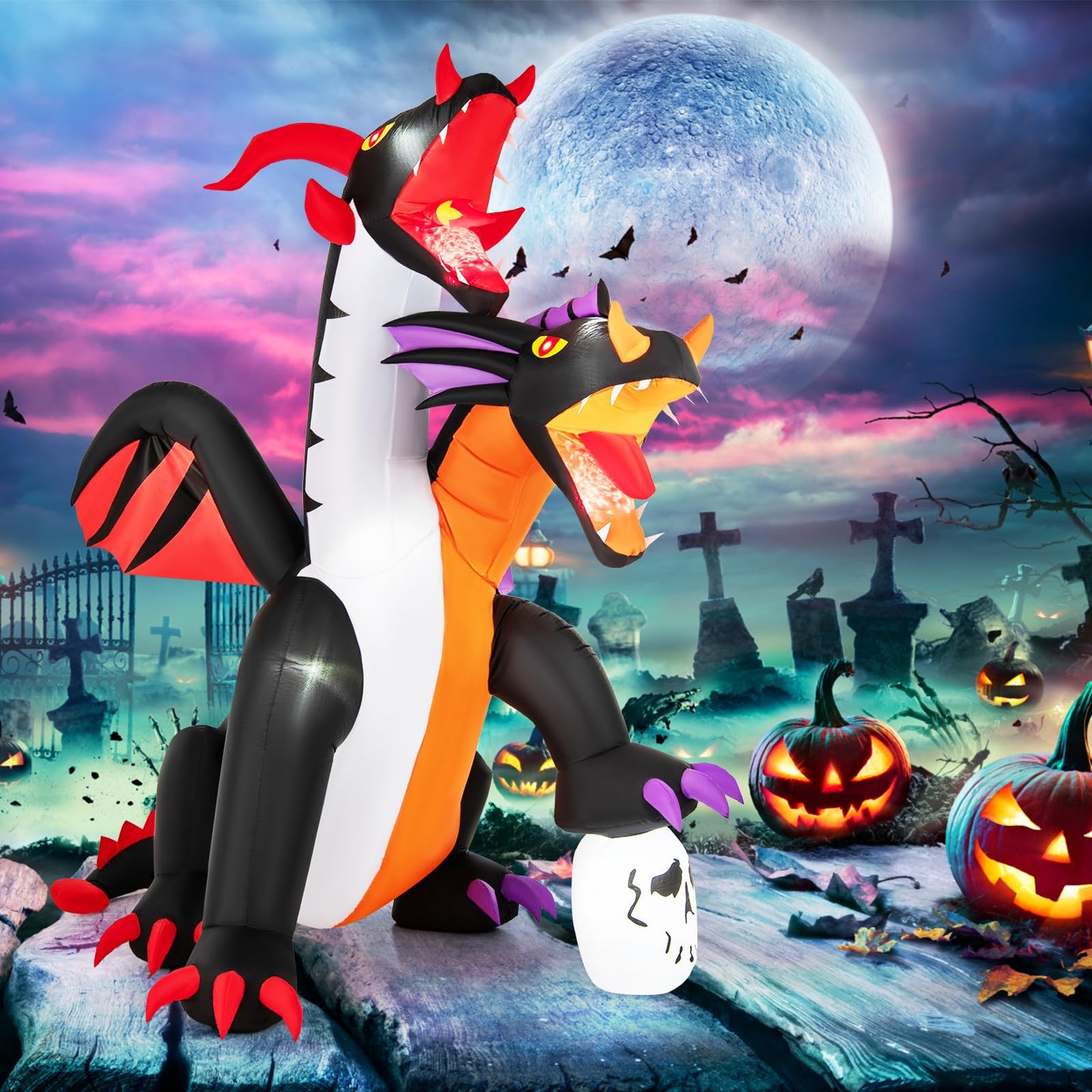 Tangkula 8 FT Inflatable Twin-Headed Dragon Decoration, Giant Halloween Inflatables with 5 LED Lights