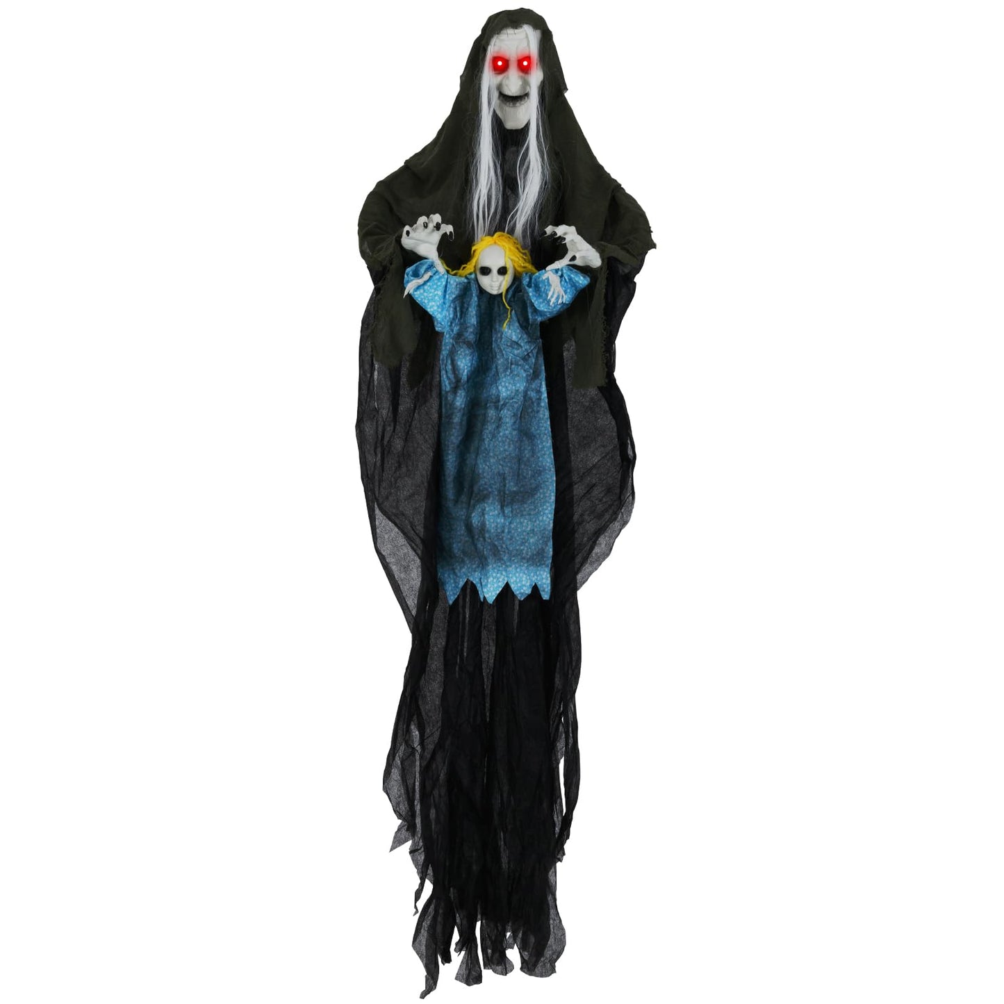 Tangkula Hanging Halloween Decoration Sound-Activated Witch Holding Ghost Girl with Spooky Sounds