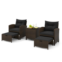 Tangkula 5 Piece Patio Rattan Furniture, Wicker Cushioned Chairs Set w/ 2 Ottomans & Tempered Glass Coffee Table