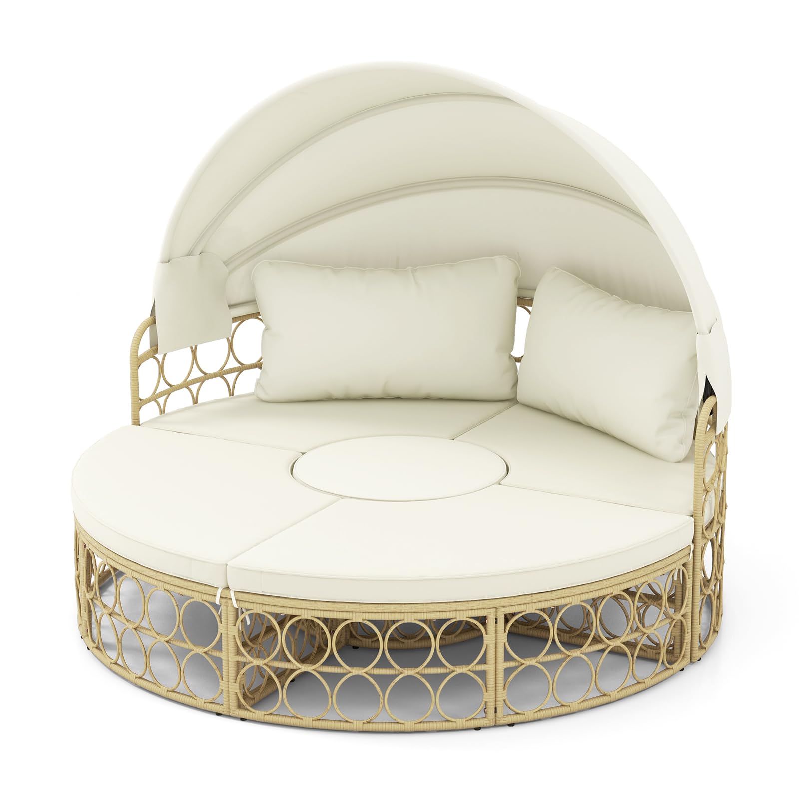 Tangkula Outdoor Patio Round Daybed with Retractable Canopy, Soft Cushions