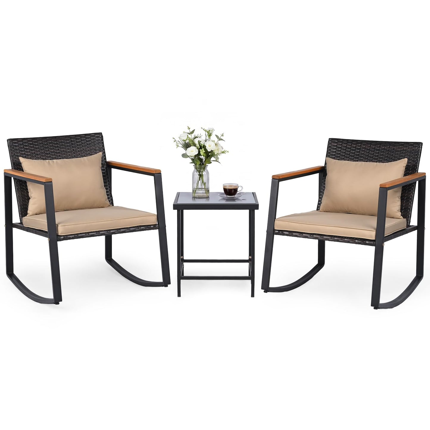 Tangkula 3 Pieces Outdoor Rocking Chairs Set