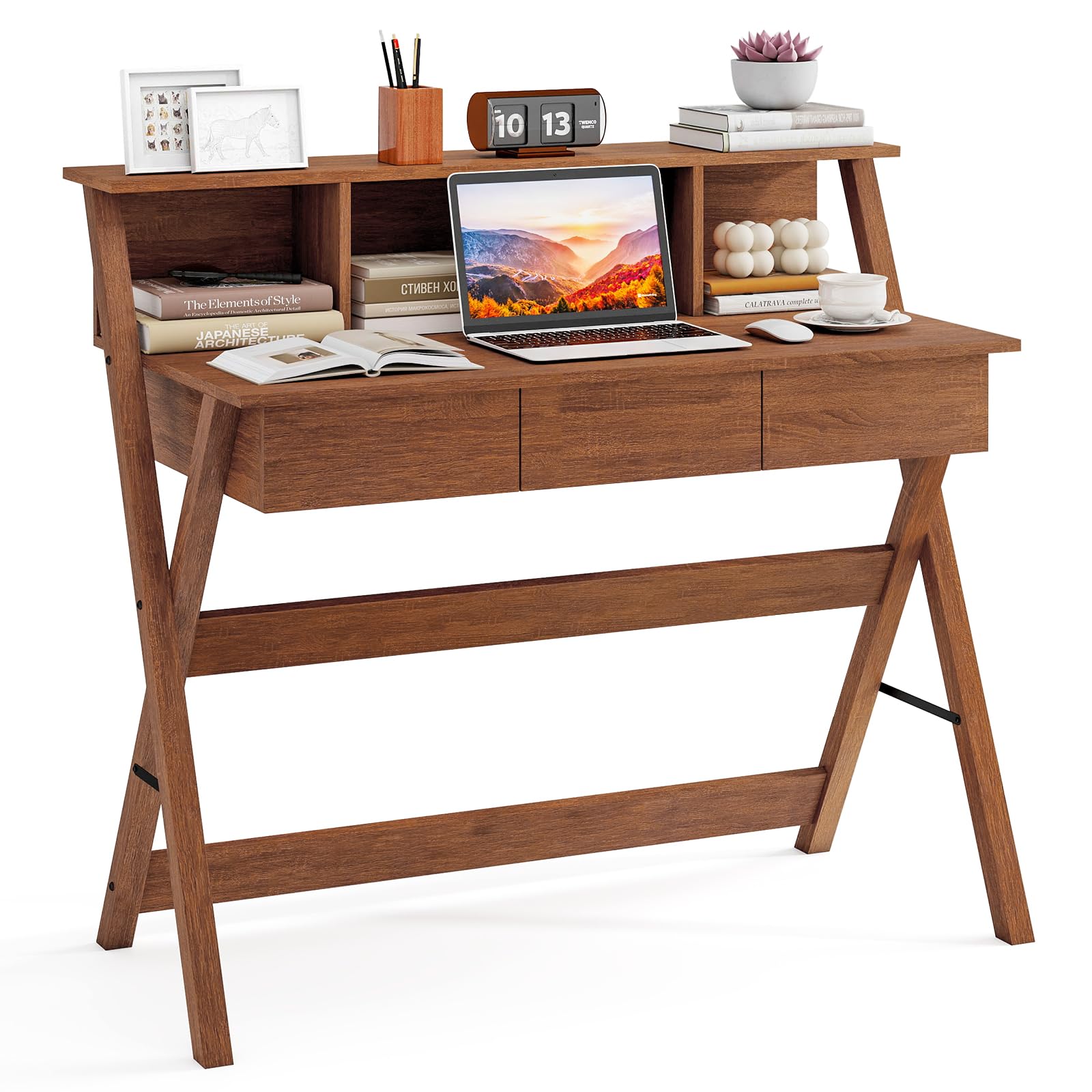 Tangkula Mid Century Desk with 3 Storage Drawers