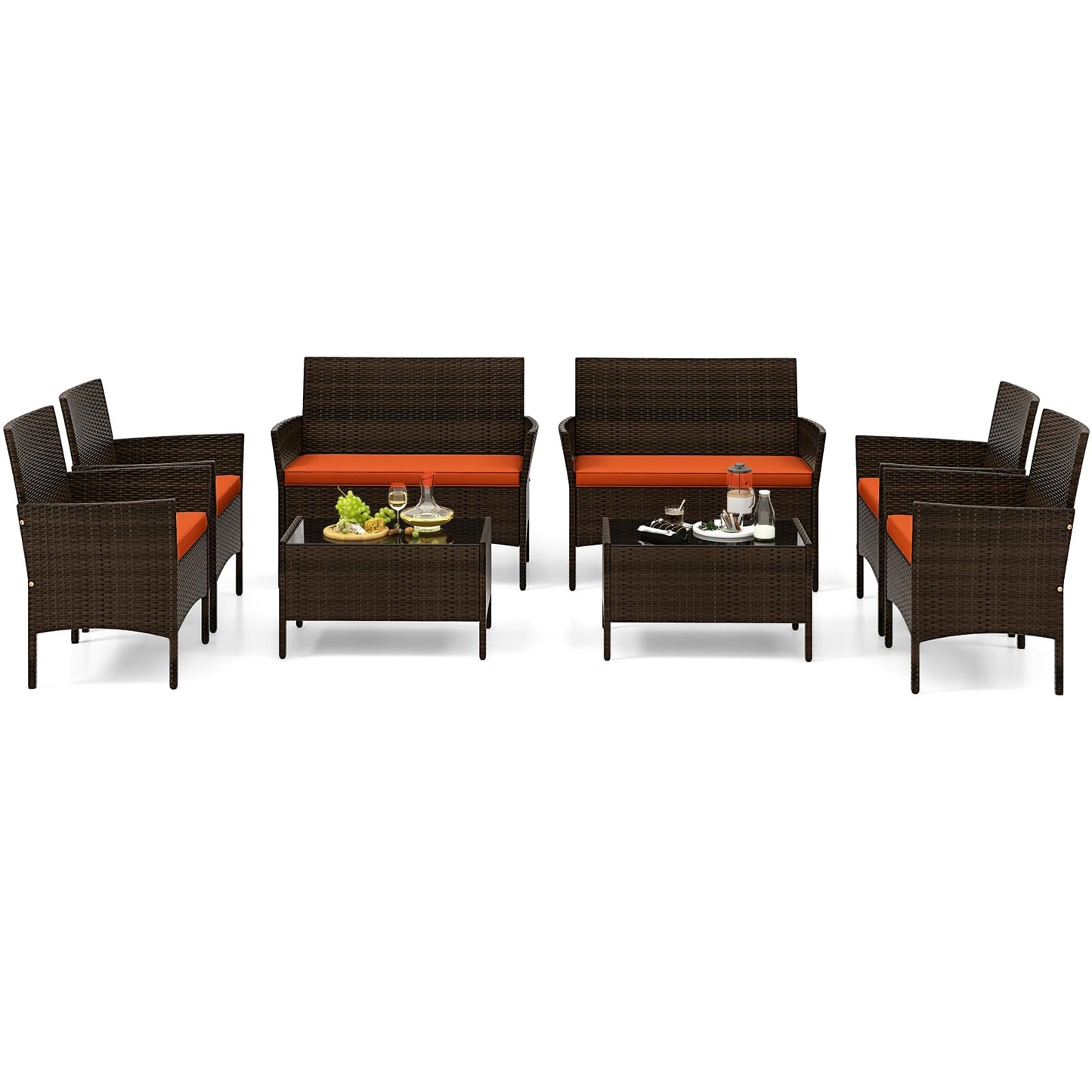 Tangkula 4/8 Piece Patio Rattan Conversation Set, Outdoor Wicker Furniture Set with Chair, Loveseat & Tempered Glass Table