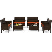 Tangkula 4/8 Piece Patio Rattan Conversation Set, Outdoor Wicker Furniture Set with Chair, Loveseat & Tempered Glass Table