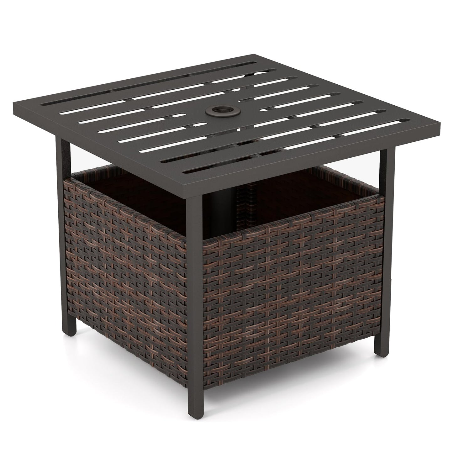 Tangkula Outdoor Table with Umbrella Hole, Rattan Umbrella Stand Table
