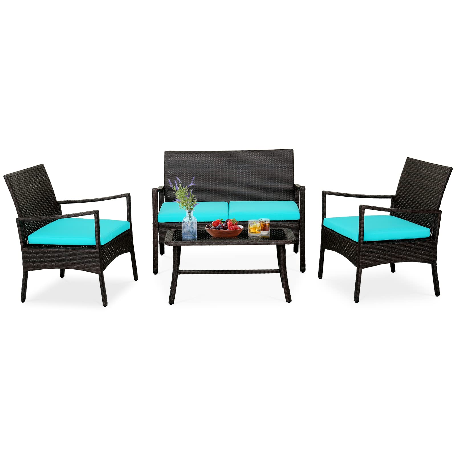 Tangkula 4 Pieces Rattan Conversation Set, Patio Sofa Couch Set with Tempered Glass Coffee Table