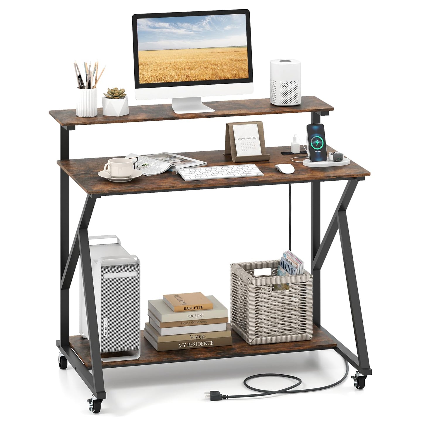 Tangkula Bureau Informatique Mobile de 99 cm avec Prises de Courant, Support Moniteur et Étagère de Rangement