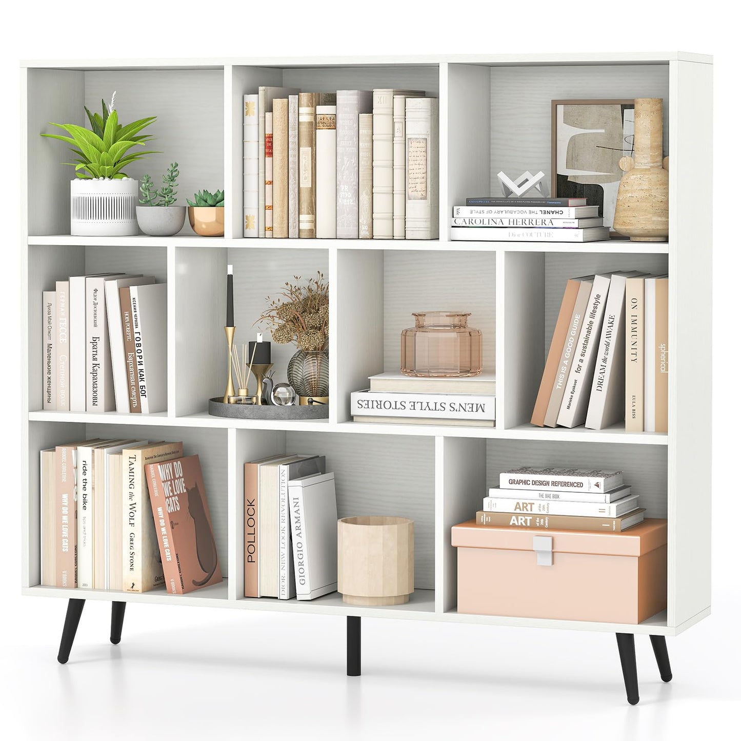 Tangkula 10-Cube Bookcase | Modern 47" L Storage Bookshelf with 5 Tapered Metal Legs & 2 Anti-Tip Kit