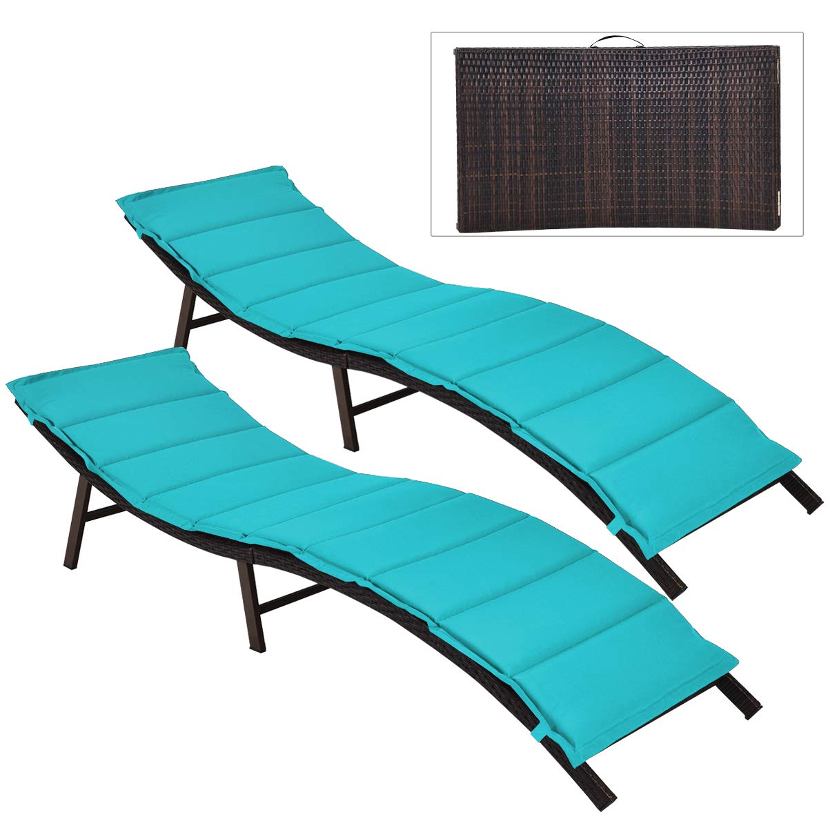 Set of 2 Patio Chaise, Foldable Outdoor Patio Wicker Lounger Chair