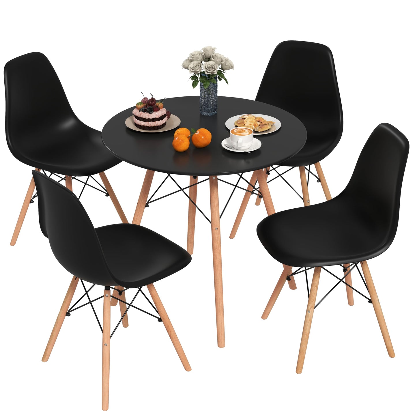 Tangkula Round Dining Table Set for 4, Kitchen Table Set with Seat & Solid Wood Legs