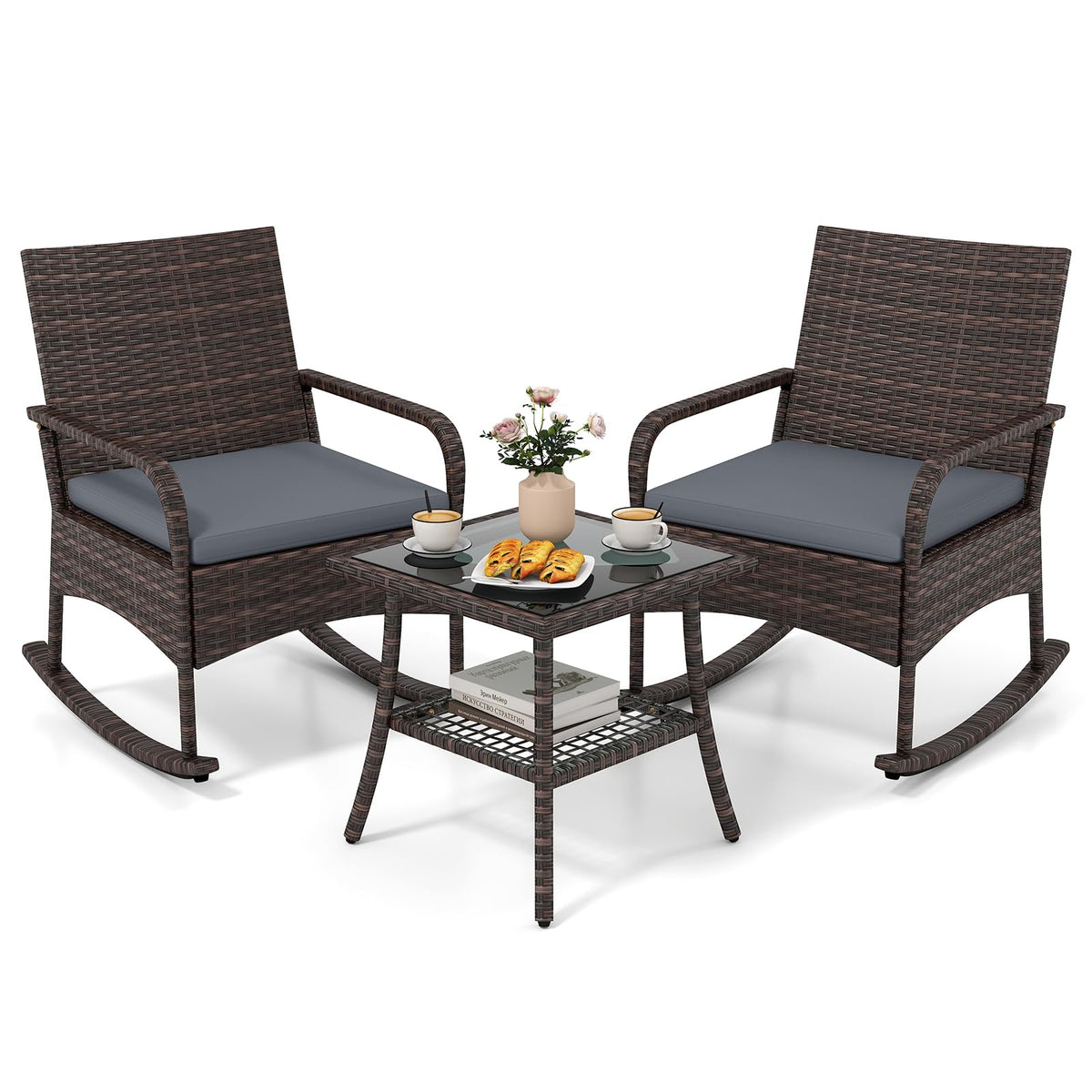 Tangkula 3-Piece Outdoor Wicker Rocking Bistro Set with 2-Tier Coffee Table