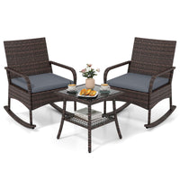Tangkula 3-Piece Outdoor Wicker Rocking Bistro Set with 2-Tier Coffee Table