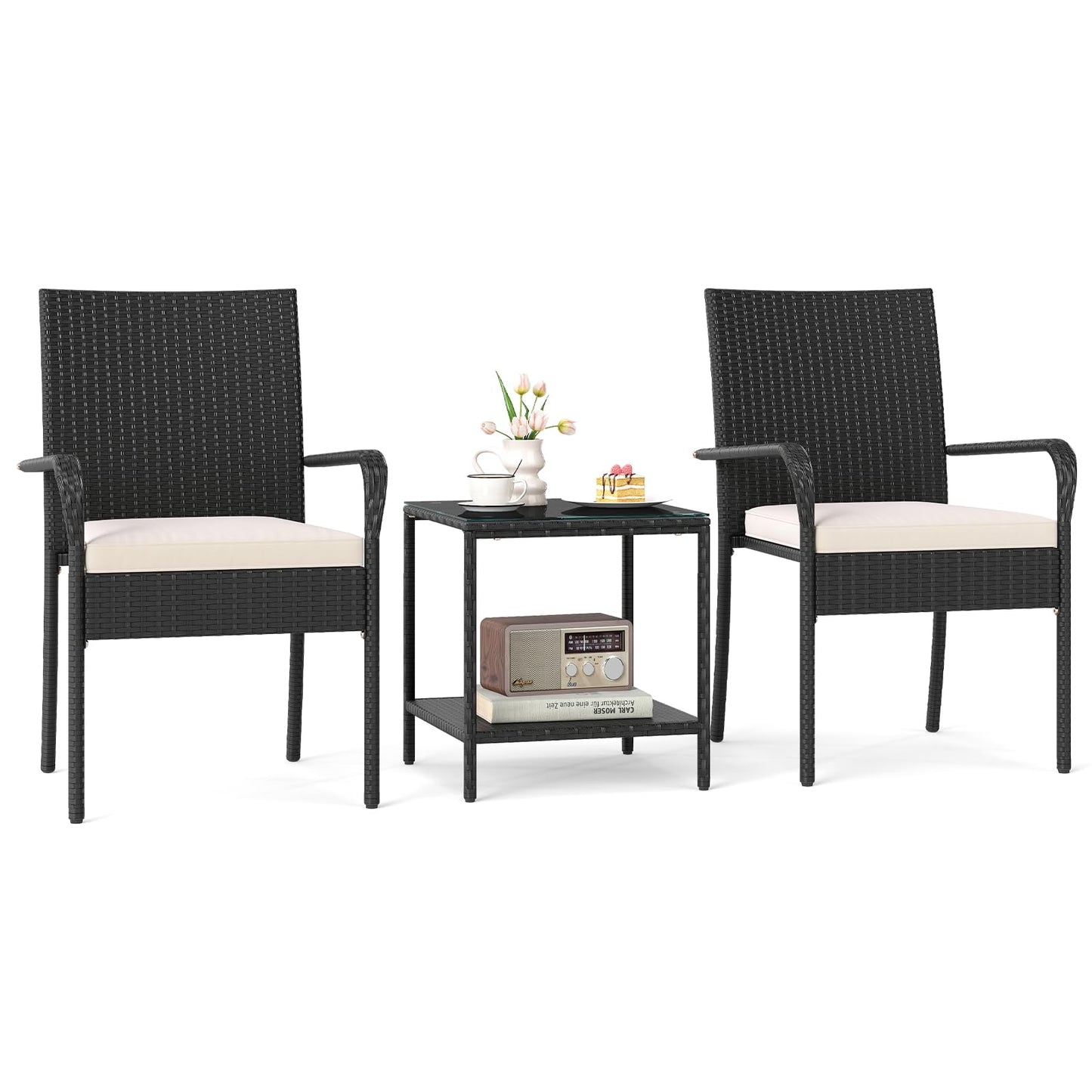 Tangkula 3 Pieces Patio Furniture Set with 2 Tier Tempered Glass Tabletop Table