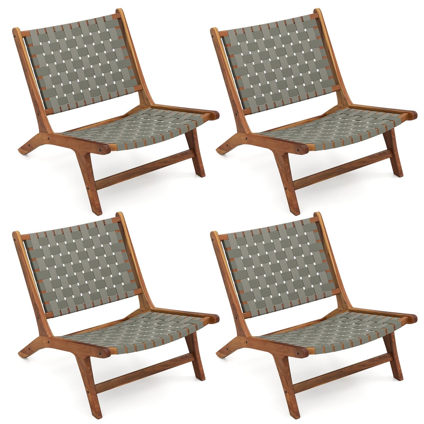 Tangkula Patio Teak Wood Chair with Nylon Webbing Seat & Back