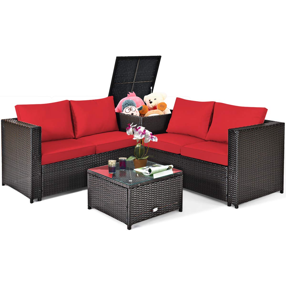 Tangkula 4 Piece Wicker Patio Set with Storage