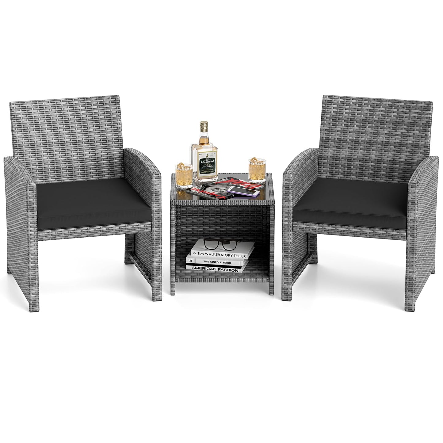 Tangkula 3 Pieces Patio Furniture Set with Tempered Glass Coffee Table