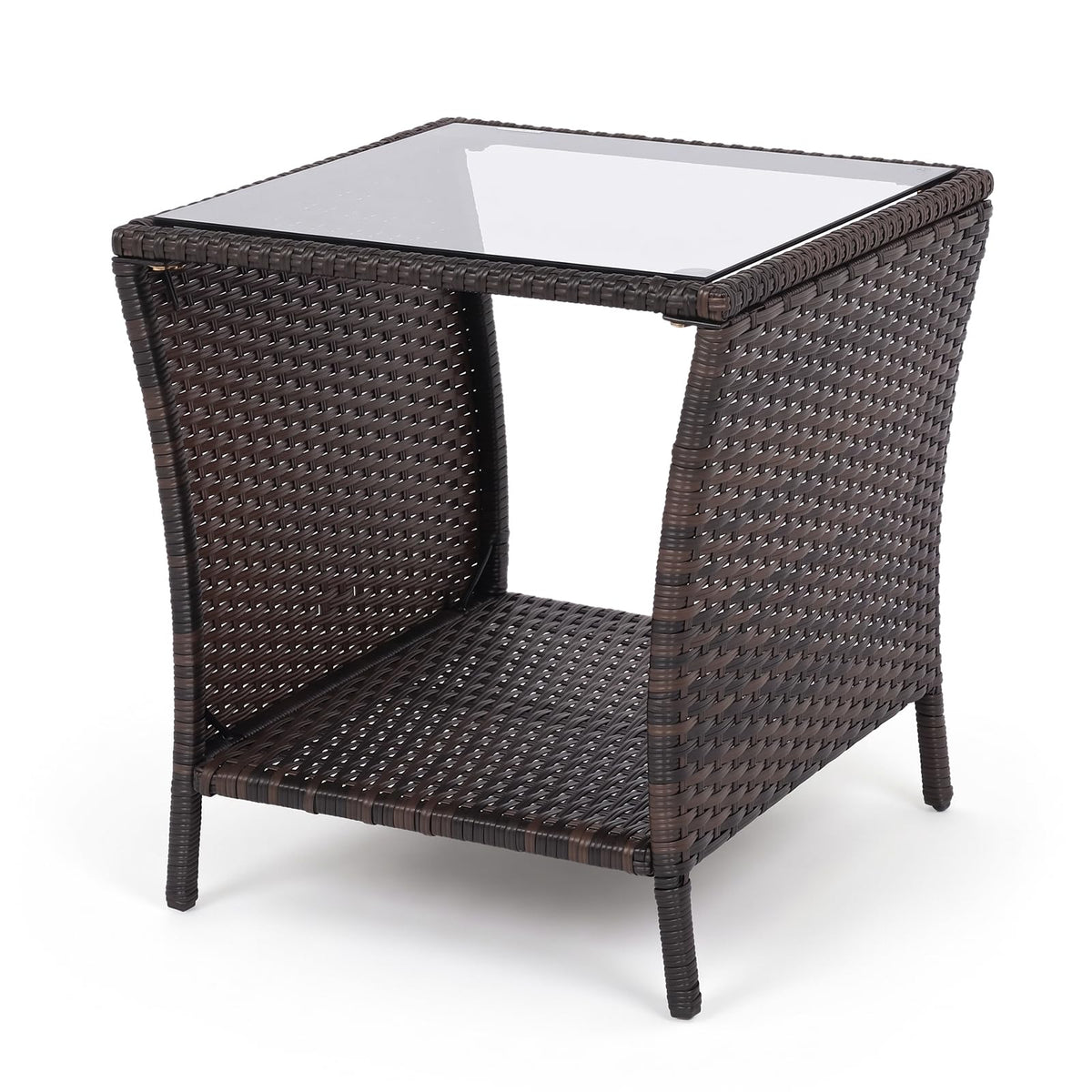 Tangkula Outdoor Wicker Side Table with Tempered Glass Top