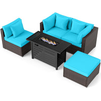 Tangkula 5 Piece Patio Rattan Sectional Sofa Set with 60,000 BTU Firepit Table