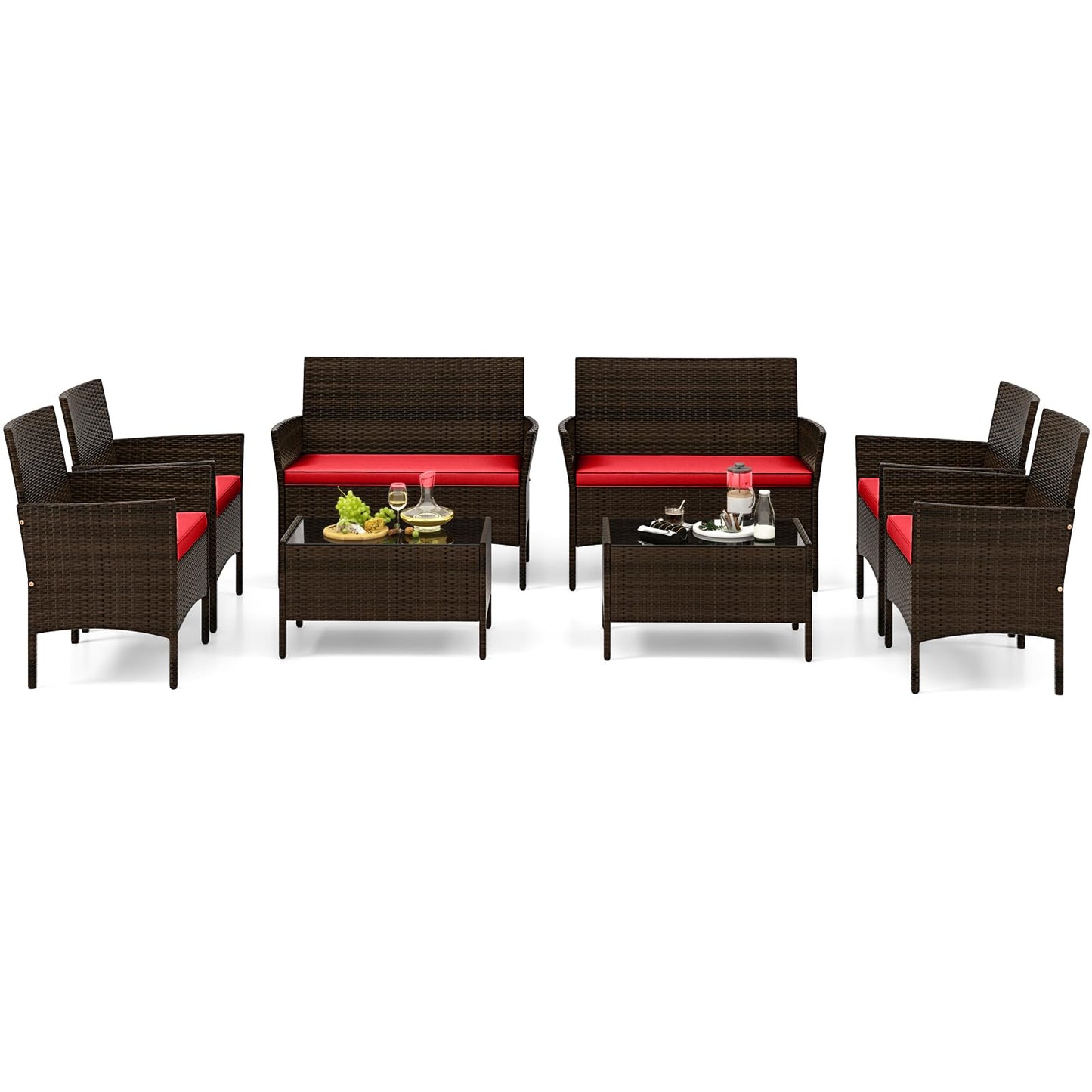 Tangkula 4/8 Piece Patio Rattan Conversation Set, Outdoor Wicker Furniture Set with Chair, Loveseat & Tempered Glass Table