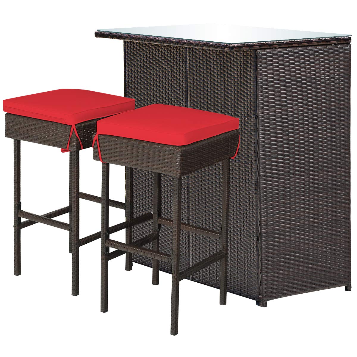 Tangkula Patio Bar Set, 3 Piece Outdoor Rattan Wicker Bar Set with 2 Cushions Stools & Glass Top Table