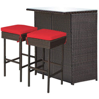 Tangkula Patio Bar Set, 3 Piece Outdoor Rattan Wicker Bar Set with 2 Cushions Stools & Glass Top Table