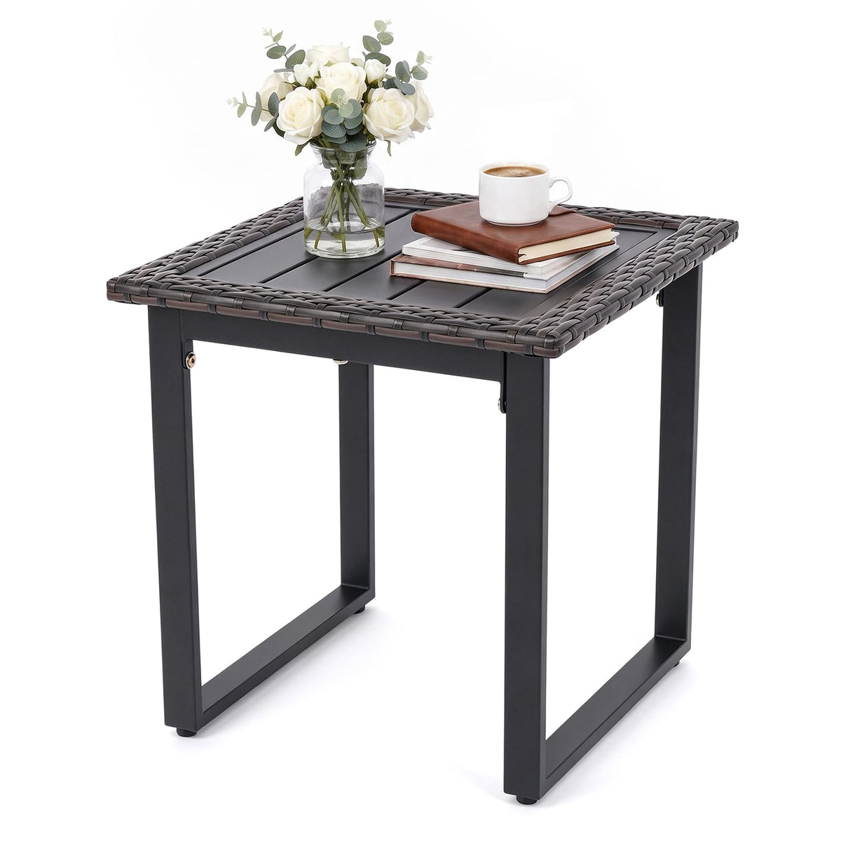 Tangkula Patio Square Side Table with Slatted Metal Tabletop