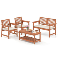 Tangkula 4 Piece Patio Conversation Set Wood Sofa Set with Soft Seat Cushions 2-Tier Rectangle Coffee Table