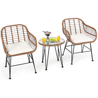 3 Pieces Patio Conversation Bistro Set, Outdoor Wicker Furniture w/Round Tempered Glass Top Table & 2 Rattan Armchairs