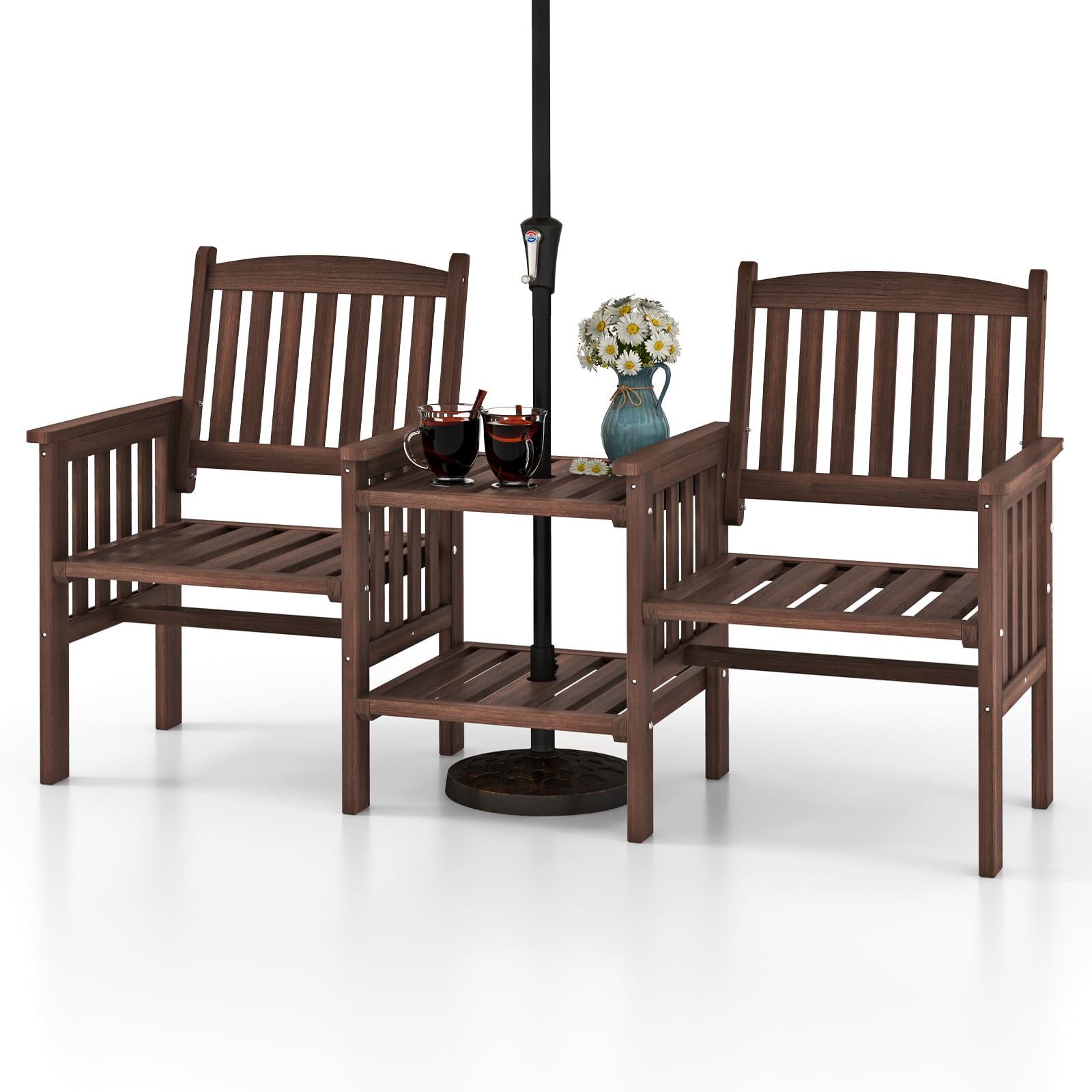 Tangkula Outdoor Fir Wood Loveseat with 2-Tier Side Table and Umbrella Hole