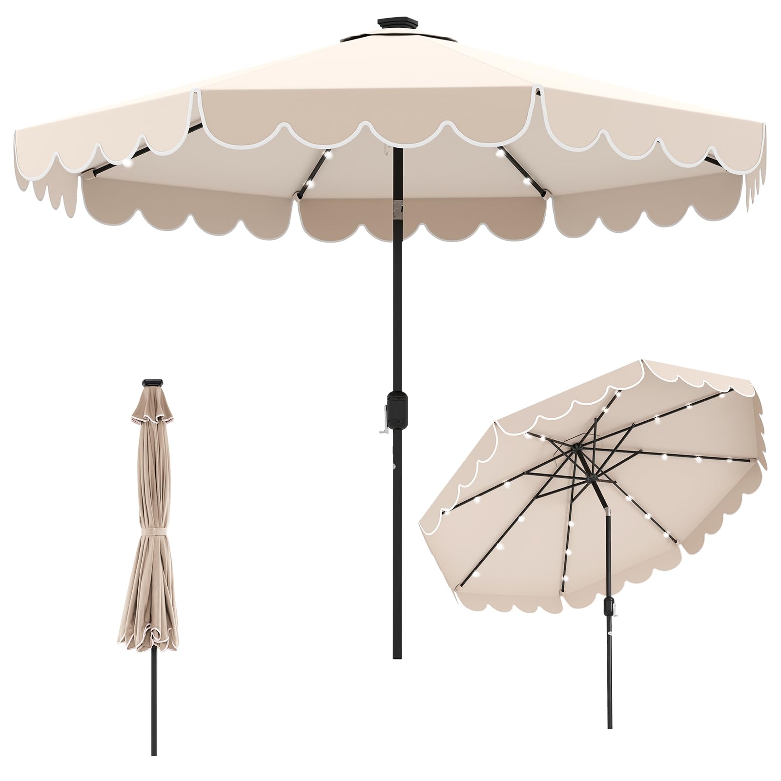 Tangkula 10FT Solar LED Patio Umbrella 2-Tiers Scalloped Outdoor Table Market Umbrella