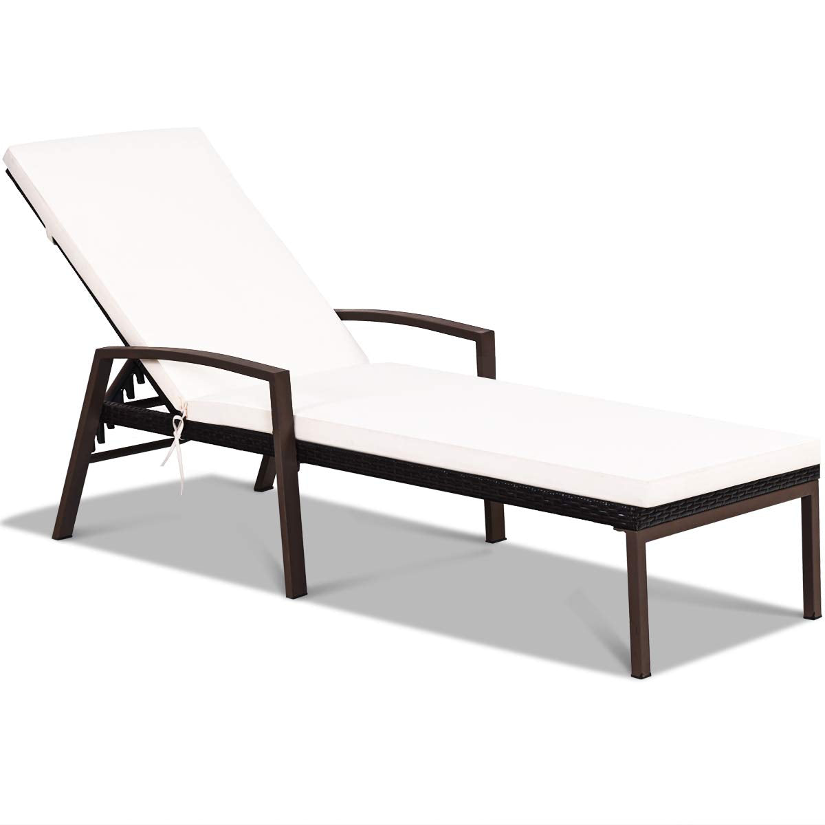 Patio Rattan Lounge Chair, Outdoor Reclining Chaise Louge with Cushion and Armrest