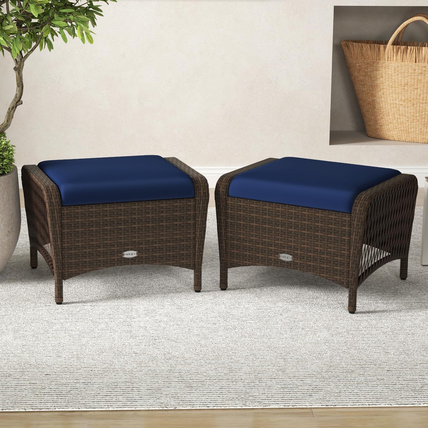 Tangkula 2 Pieces Patio Wicker Ottomans with Removable Cushions for Additional Seating