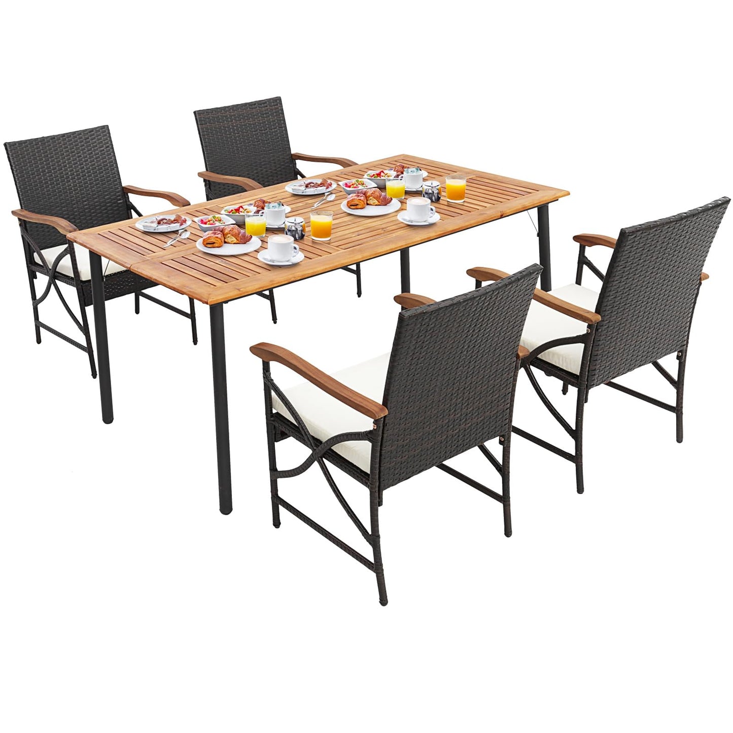 Tangkula Ensemble de salle à manger d'extérieur 5 pièces avec table en bois d'acacia et 4 chaises en rotin tressé avec accoudoirs