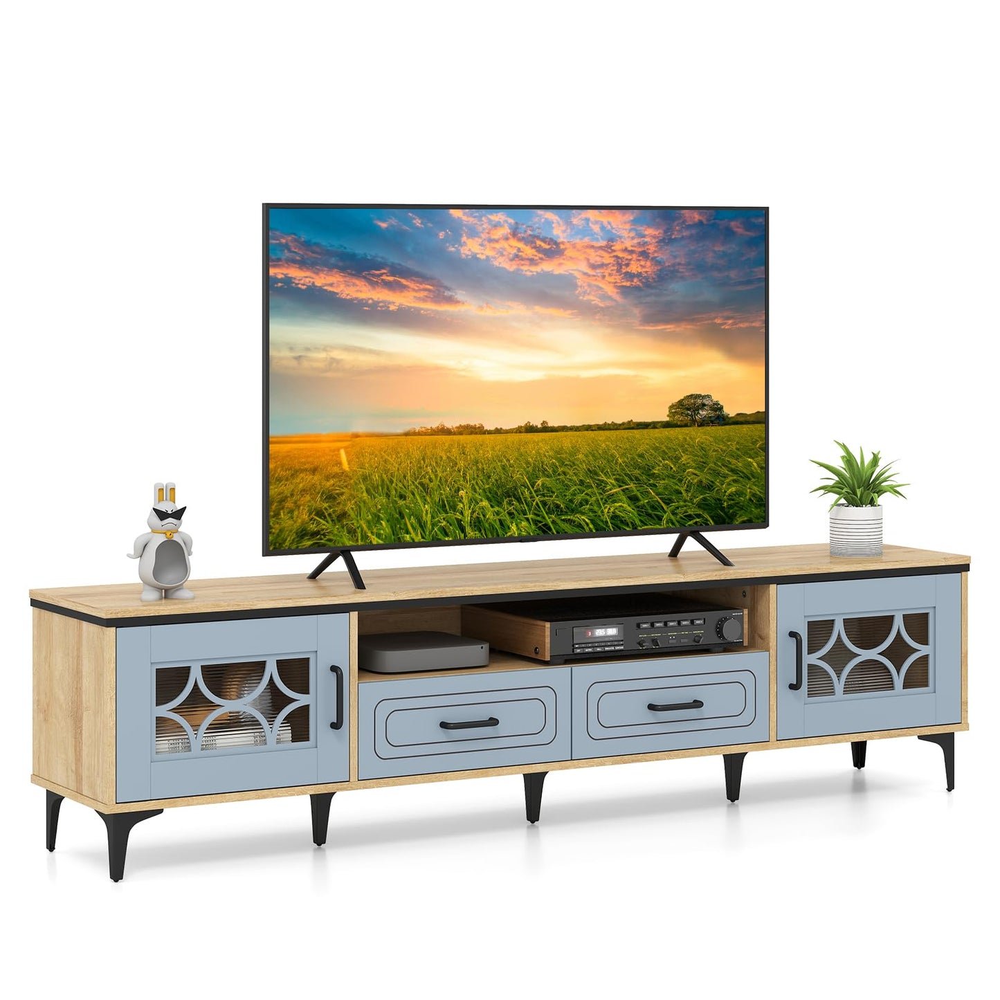 Tangkula Farmhouse TV Stand for TVs up to 80” 71” Entertainment Center with 2 Drawers