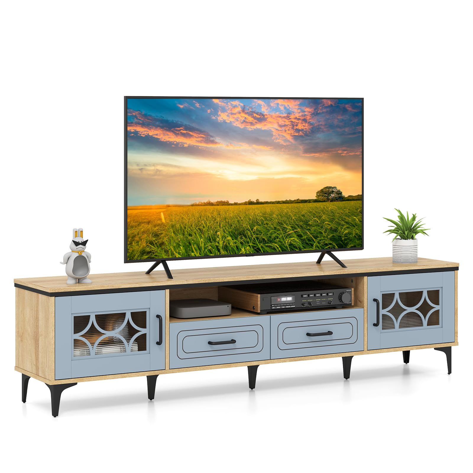 Tangkula Farmhouse TV Stand for TVs up to 80” 71” Entertainment Center with 2 Drawers